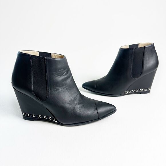 CHANEL Black Chain Wedge Heel Chelsea Boots Size 38.5 CC Logo Booties Leather - Picture 3 of 13